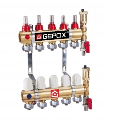 Rozdzielacz do podłogówki 5 obwodów GEPOX mosieżny do ogrzewania podłogowego